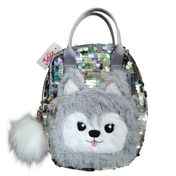 Justice Husky Mini Backpack Silver Sequin Plush Pom Pom Double Handle Gift Dog - Picture 1 of 9